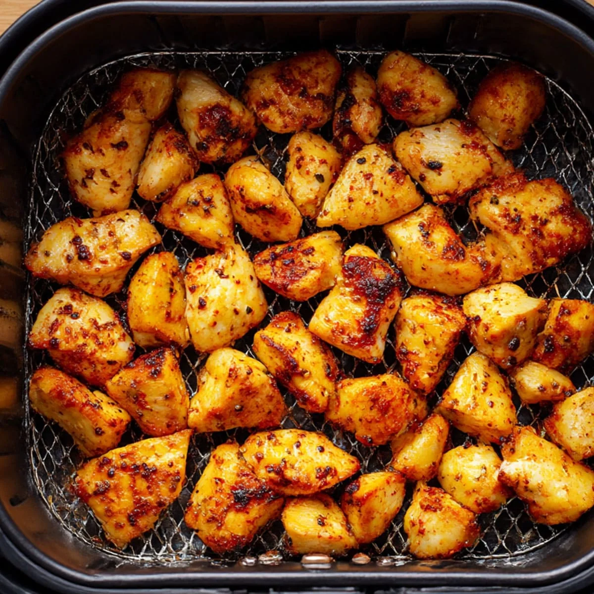 Air Fryer Chicken Bites cooking in air fryer basket until crispy