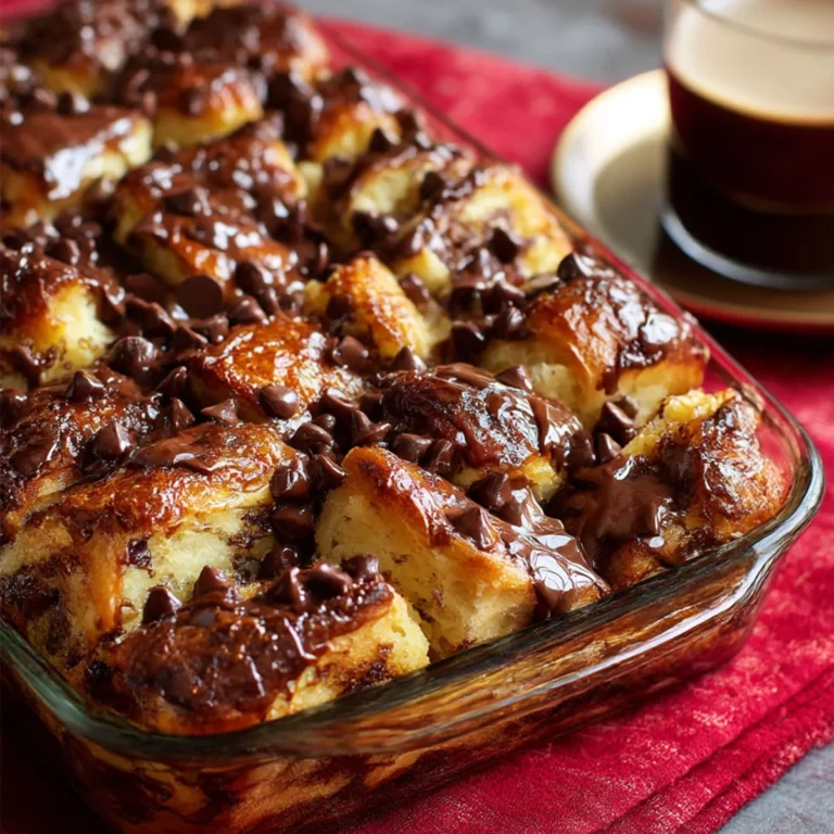 Chocolate Croissant Breakfast Bake creamy custard with melted chocolate and golden croissants