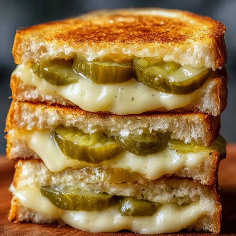 Dill Pickle Grilled Cheese stacked high with stretchy melted cheese and thick dill pickle slices between toasted bread