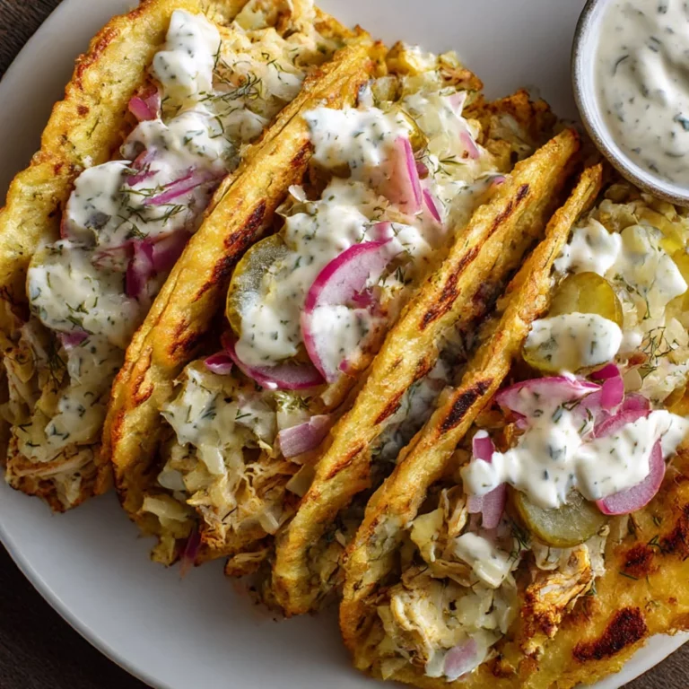 Dill pickle ranch smash chicken tacos with crispy cheese lace, pickle slaw, and ranch cottage cheese drizzle