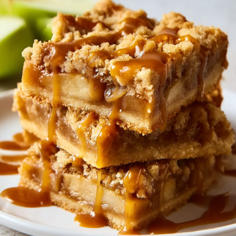 Salted Caramel Apple Pie Bars close-up with buttery shortbread, spiced apple layer, streusel, and caramel drizzle