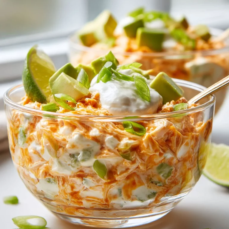 Honey Buffalo Ranch Chicken Cottage Cheese Bowls in a glass bowl with buffalo chicken swirls, avocado cubes, scallions, and a lime wedge