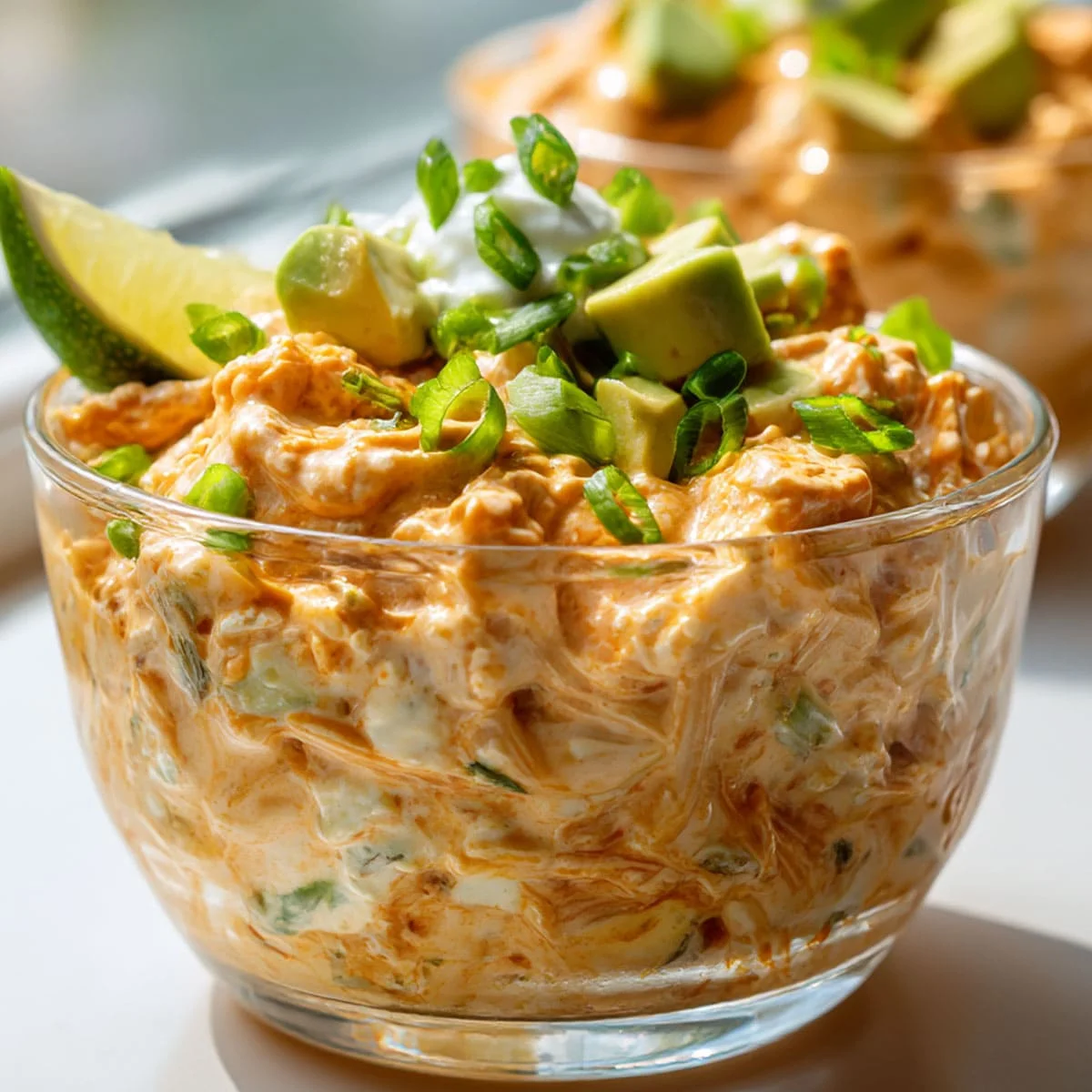 Honey Buffalo Ranch Chicken Cottage Cheese Bowls showing chunky shredded chicken coated in creamy buffalo ranch with avocado and scallions