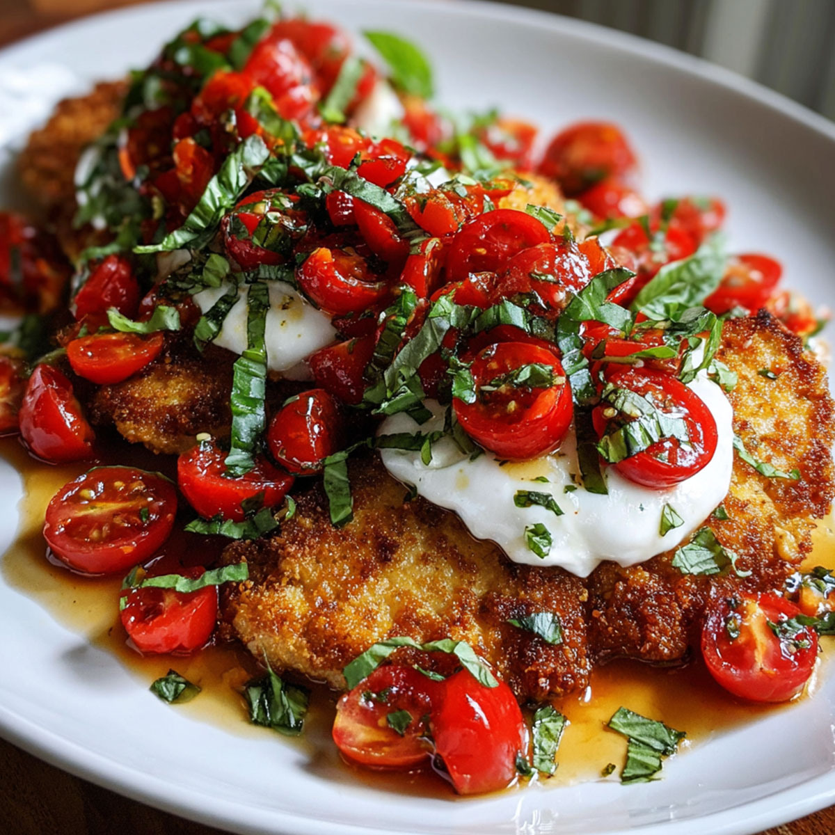 Italian Basil Chicken Cutlets with golden panko crust, blistered tomatoes, basil chiffonade, and burrata finished with balsamic glaze.
