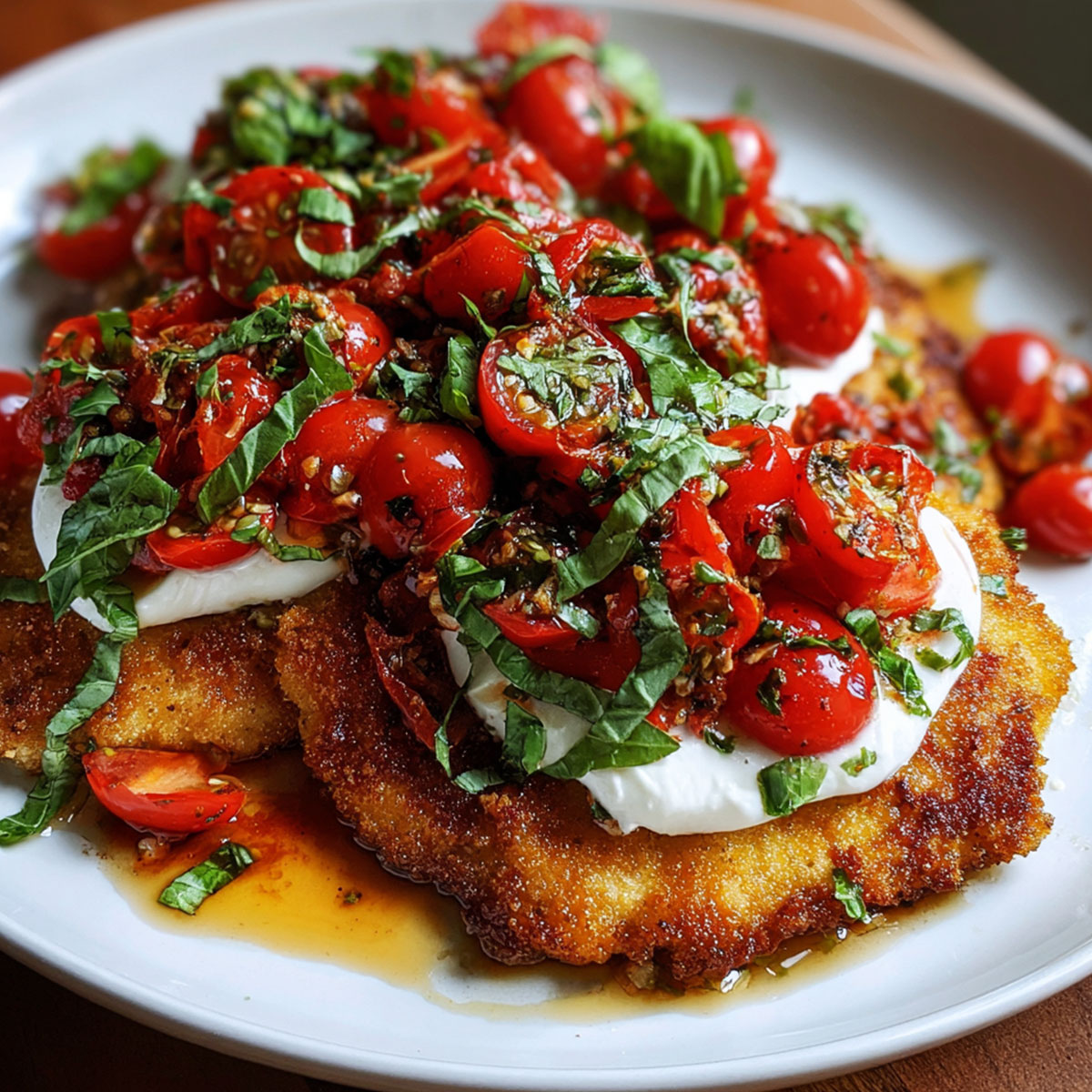 Italian Basil Chicken Cutlets topped with blistered cherry tomatoes, creamy burrata, fresh basil, and balsamic glaze on a white plate.