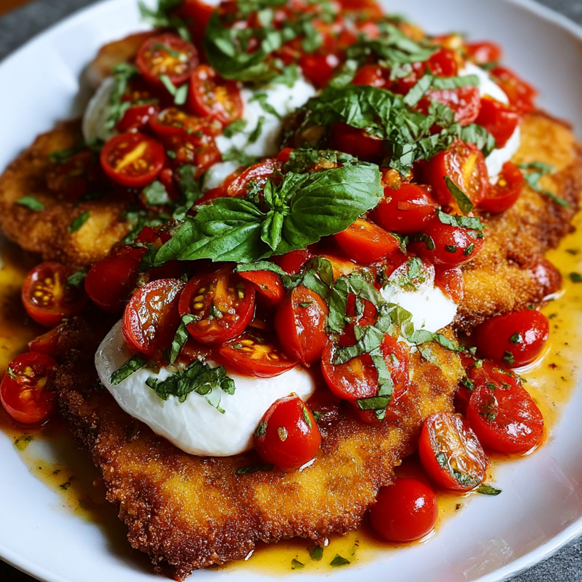 Italian Basil Chicken Cutlets topped with jammy blistered cherry tomatoes, fresh basil, creamy burrata, and balsamic glaze.