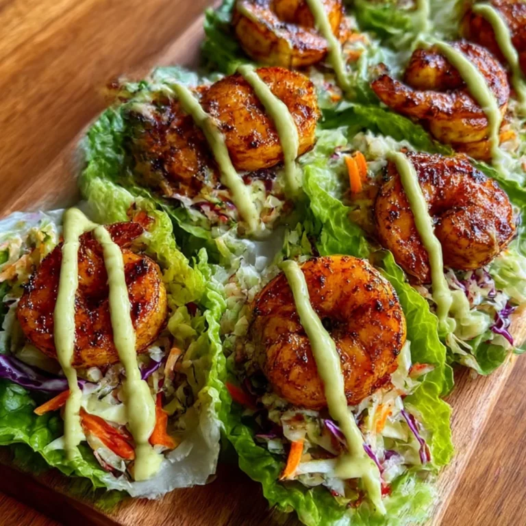 Low carb shrimp lettuce wraps piled with roasted chili-lime shrimp and slaw, drizzled with creamy sauce on a wooden board.