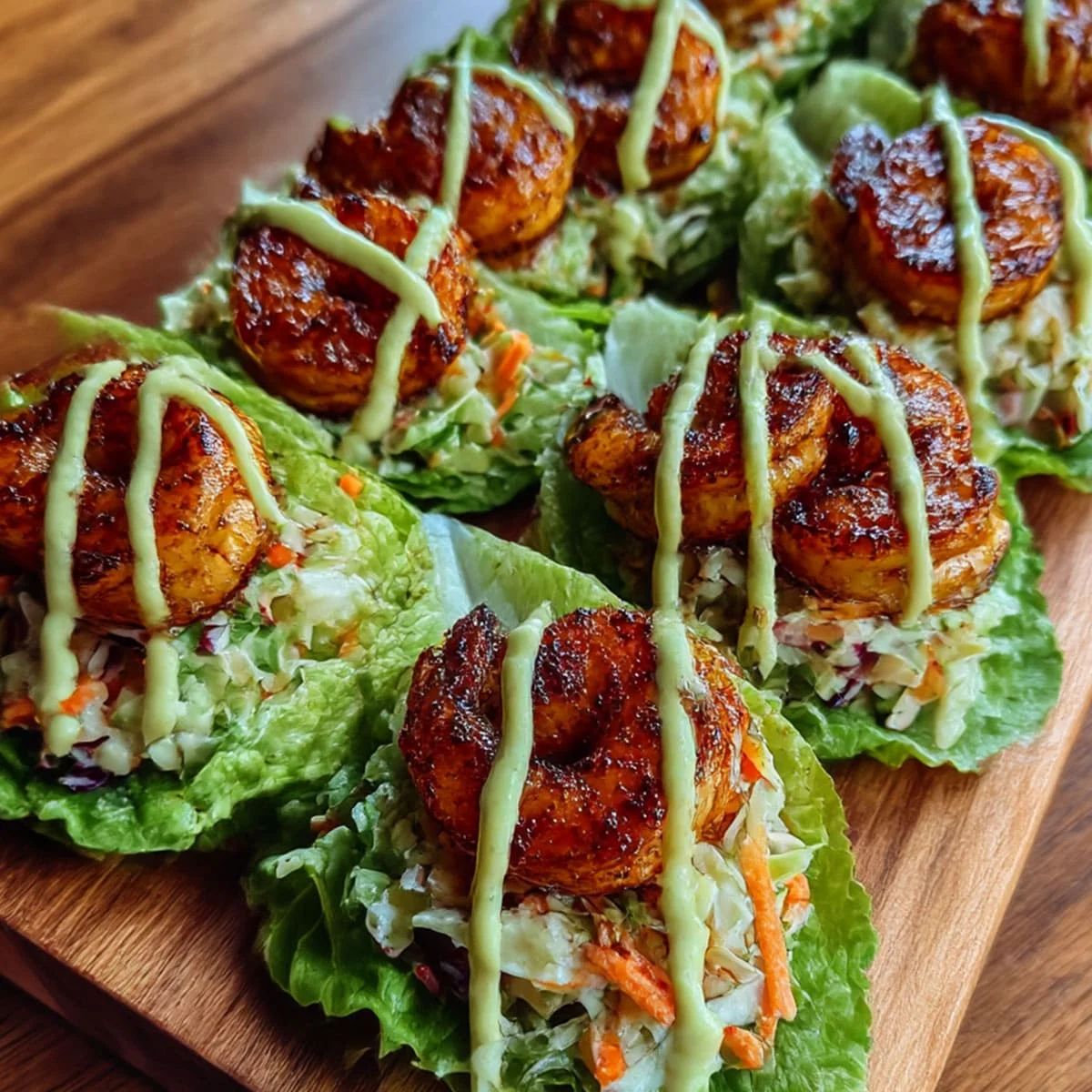 Low carb shrimp lettuce wraps with smoky chili-lime shrimp, crisp lettuce cups, and a creamy green sauce drizzle.