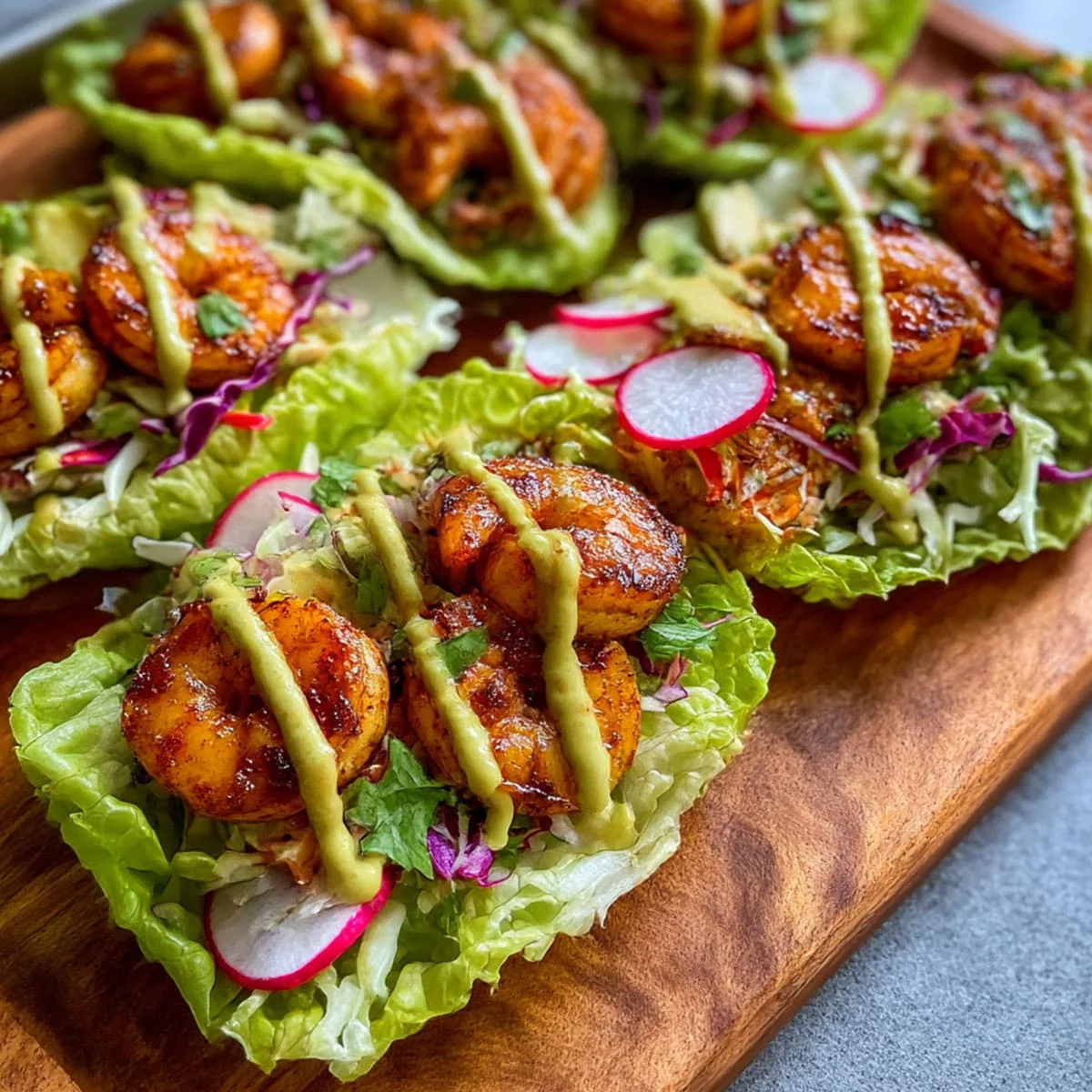 Low carb shrimp lettuce wraps with chili-lime shrimp, crunchy slaw, radish slices, and a creamy green drizzle.