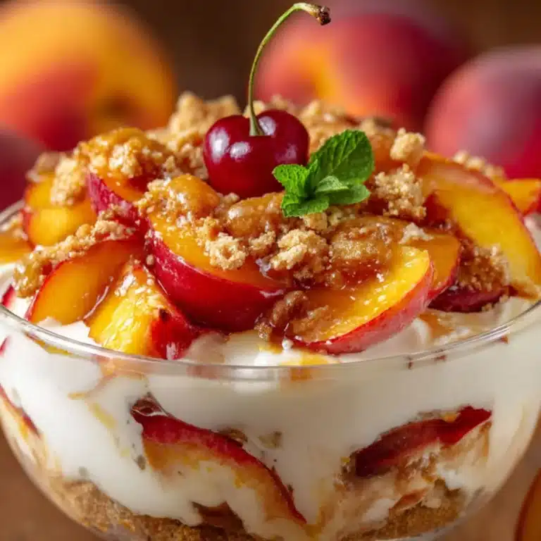 Peach Cobbler Cheesecake Fruit Salad in a glass bowl with creamy cheesecake layers, fresh peaches, cinnamon crumble, and a cherry garnish