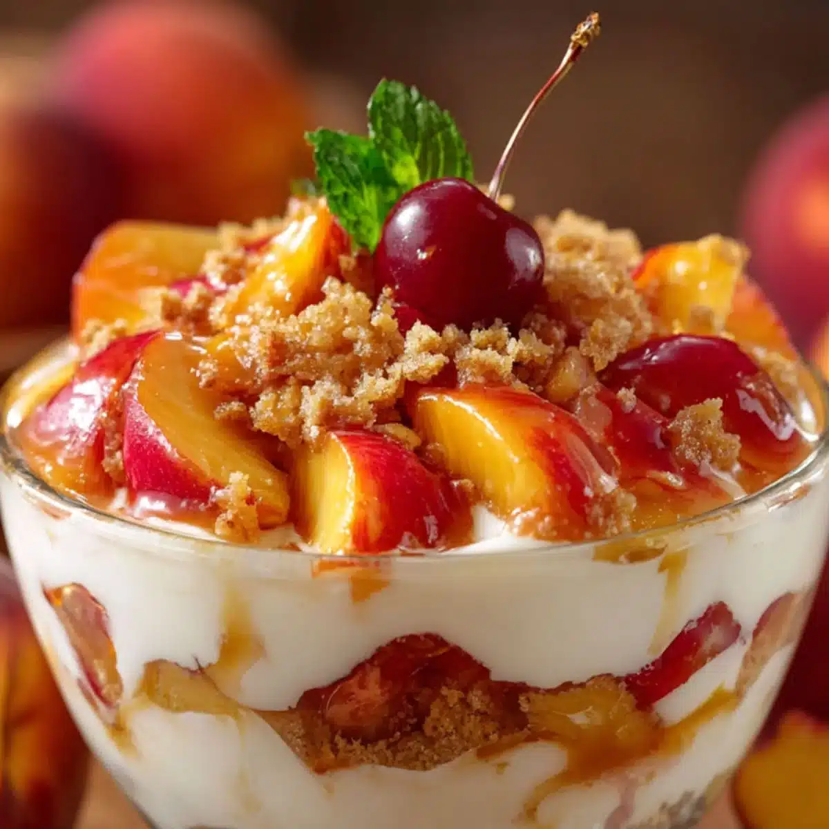 Peach Cobbler Cheesecake Fruit Salad with peaches and crumble on top, finished with a cherry and mint over a creamy cheesecake layer