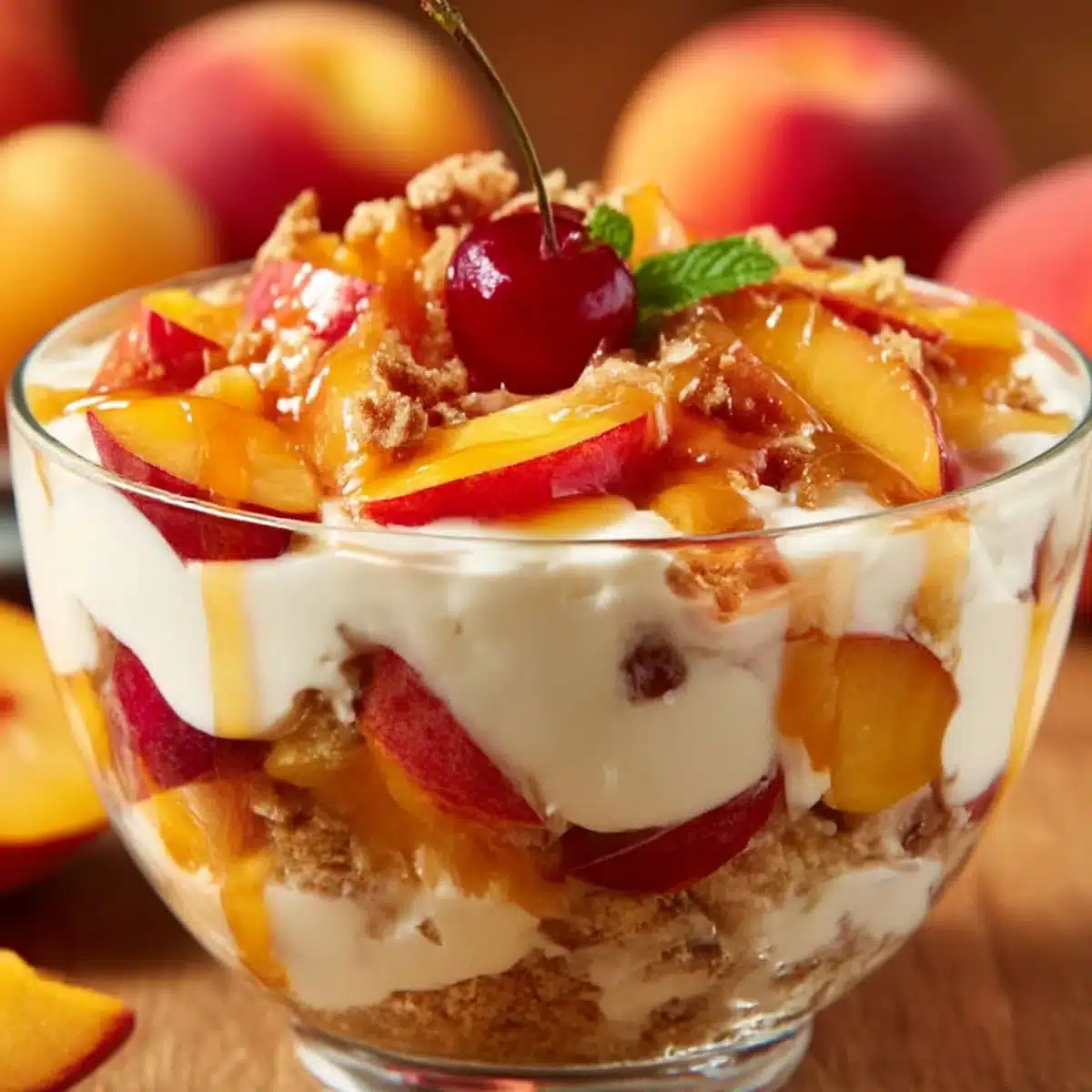 Peach Cobbler Cheesecake Fruit Salad close-up with glossy peaches, buttery crumble, and thick cheesecake cream in a glass dessert bowl