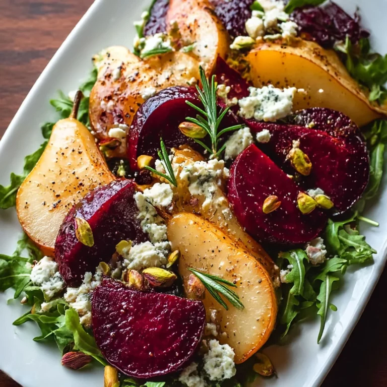 Roasted Beet and Pear Salad with feta and pistachios on arugula, served on a white platter with rosemary.