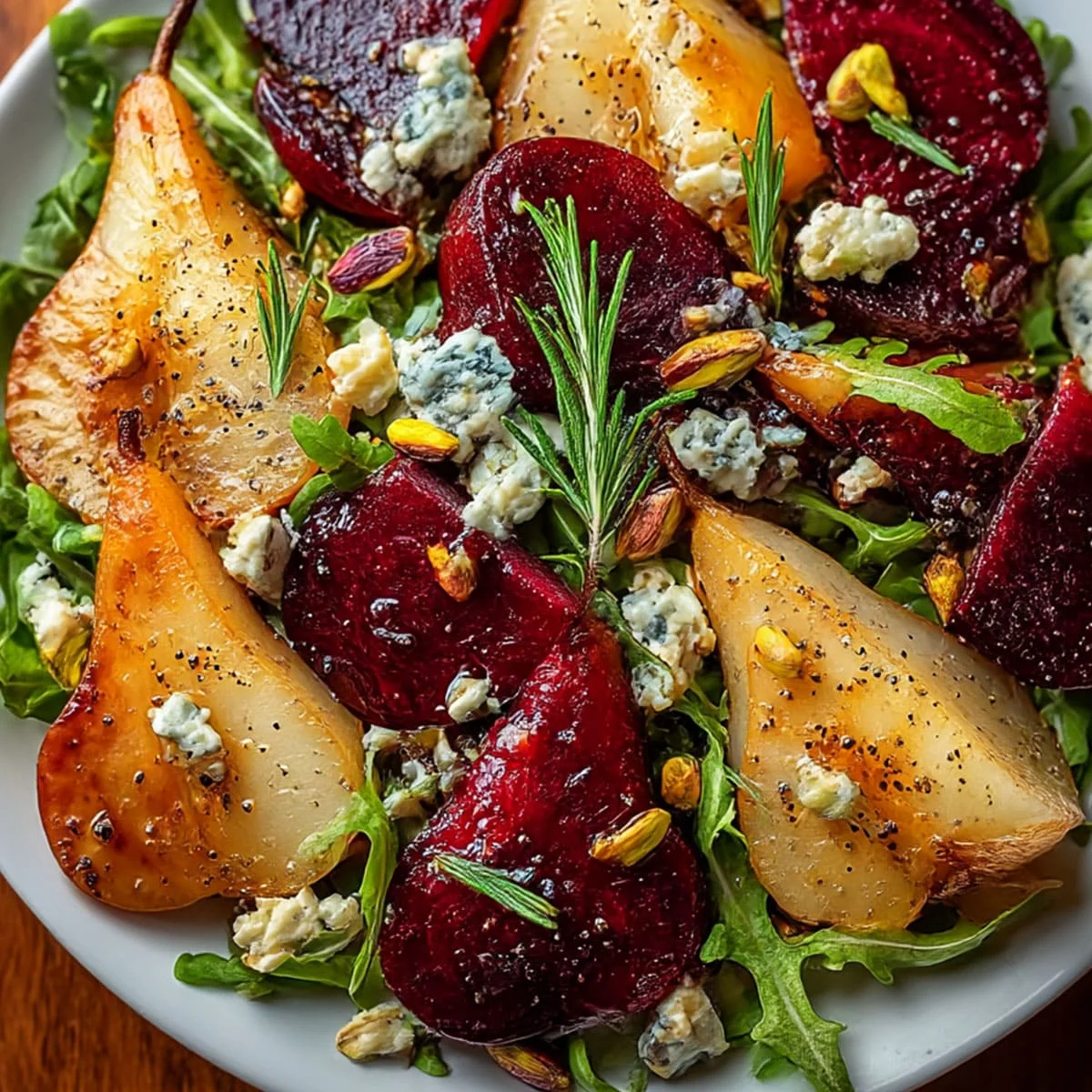 : Roasted Beet and Pear Salad close-up with caramelized pears, roasted beets, feta crumbles, pistachios, and rosemary.