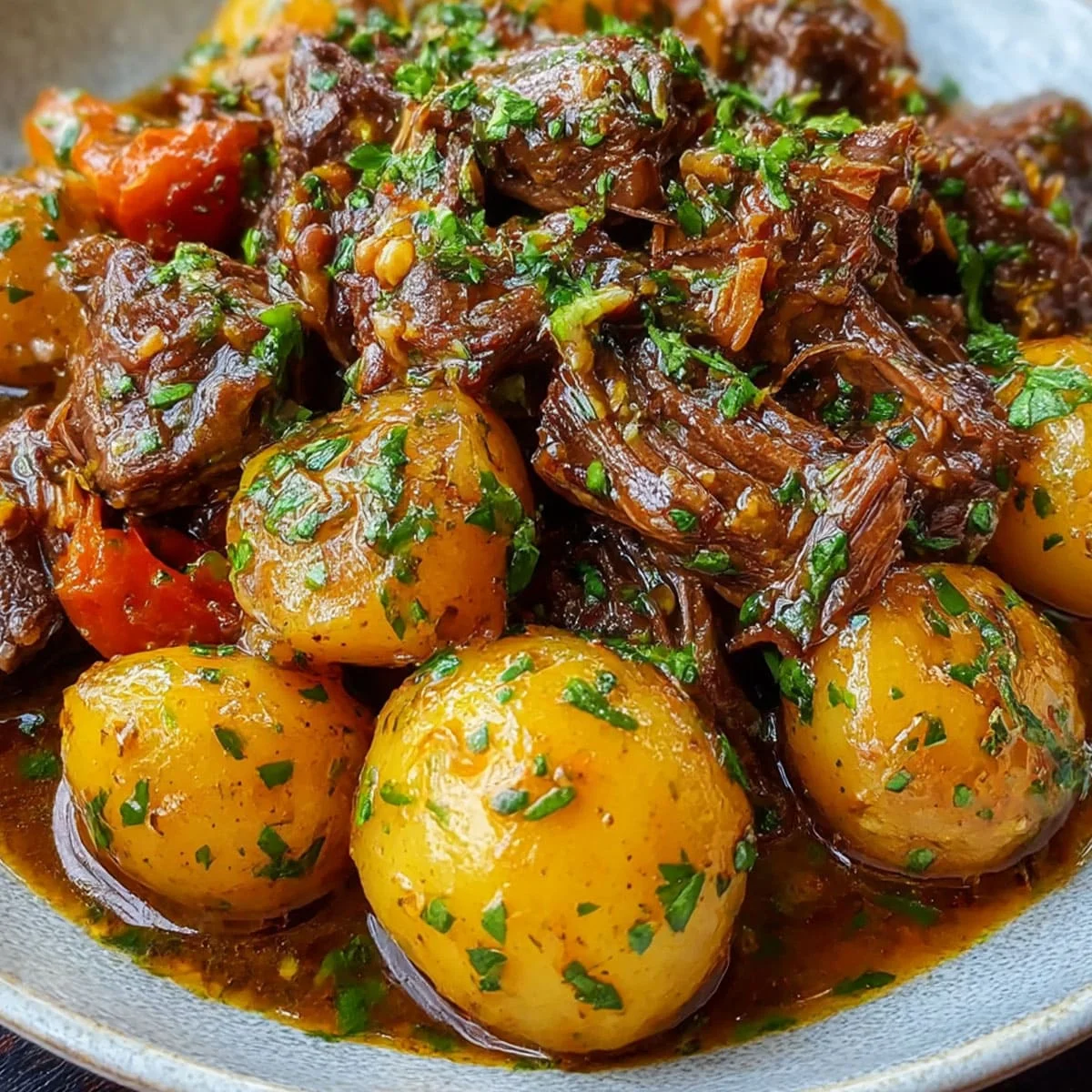 Slow Cooker Garlic Butter Beef with baby Yukon Gold potatoes in a glossy garlic-butter sauce, finished with chopped parsley.