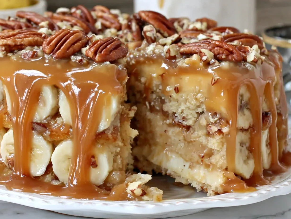 Banana Pecan Caramel Cake beautifully plated and ready to serve