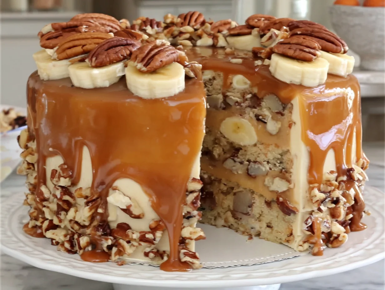 Banana Pecan Caramel Cake Recipe | Delicious Layers 10 Banana Pecan Caramel Cake served and ready to enjoy