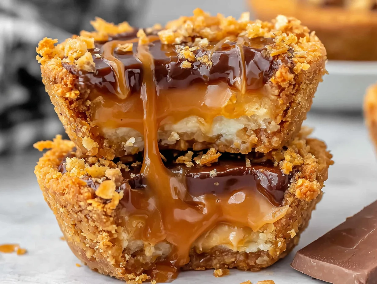 Butterfinger Caramel Crunch Mini Pies beautifully plated and ready to serve