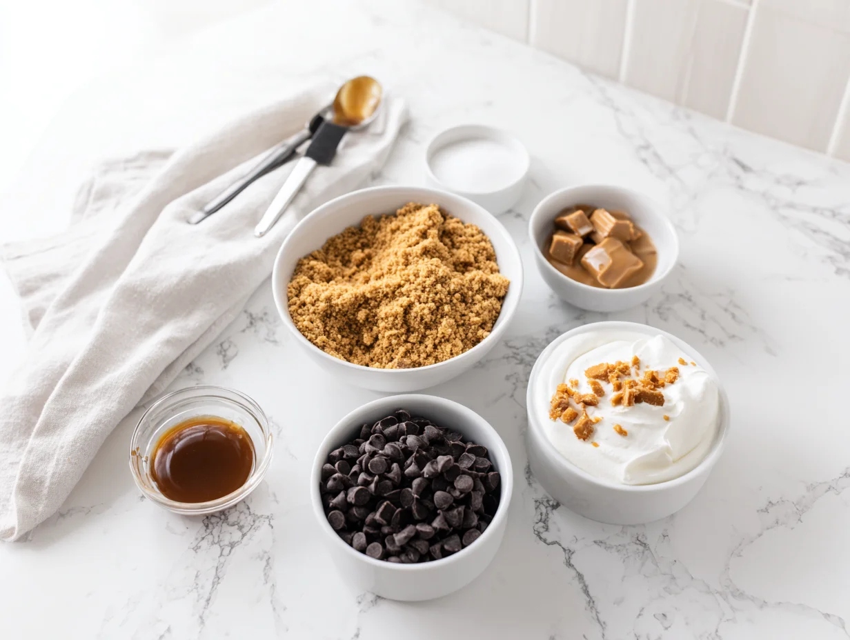 All ingredients for Butterfinger Caramel Crunch Mini Pies laid out on a cutting board