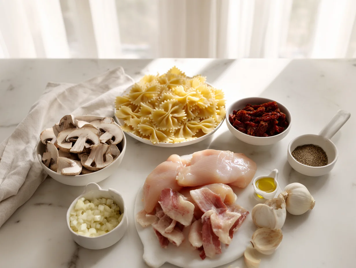 Cheesecake Factory Farfalle with Chicken and Roasted Garlic 8 All ingredients measured and laid out on a cutting board
