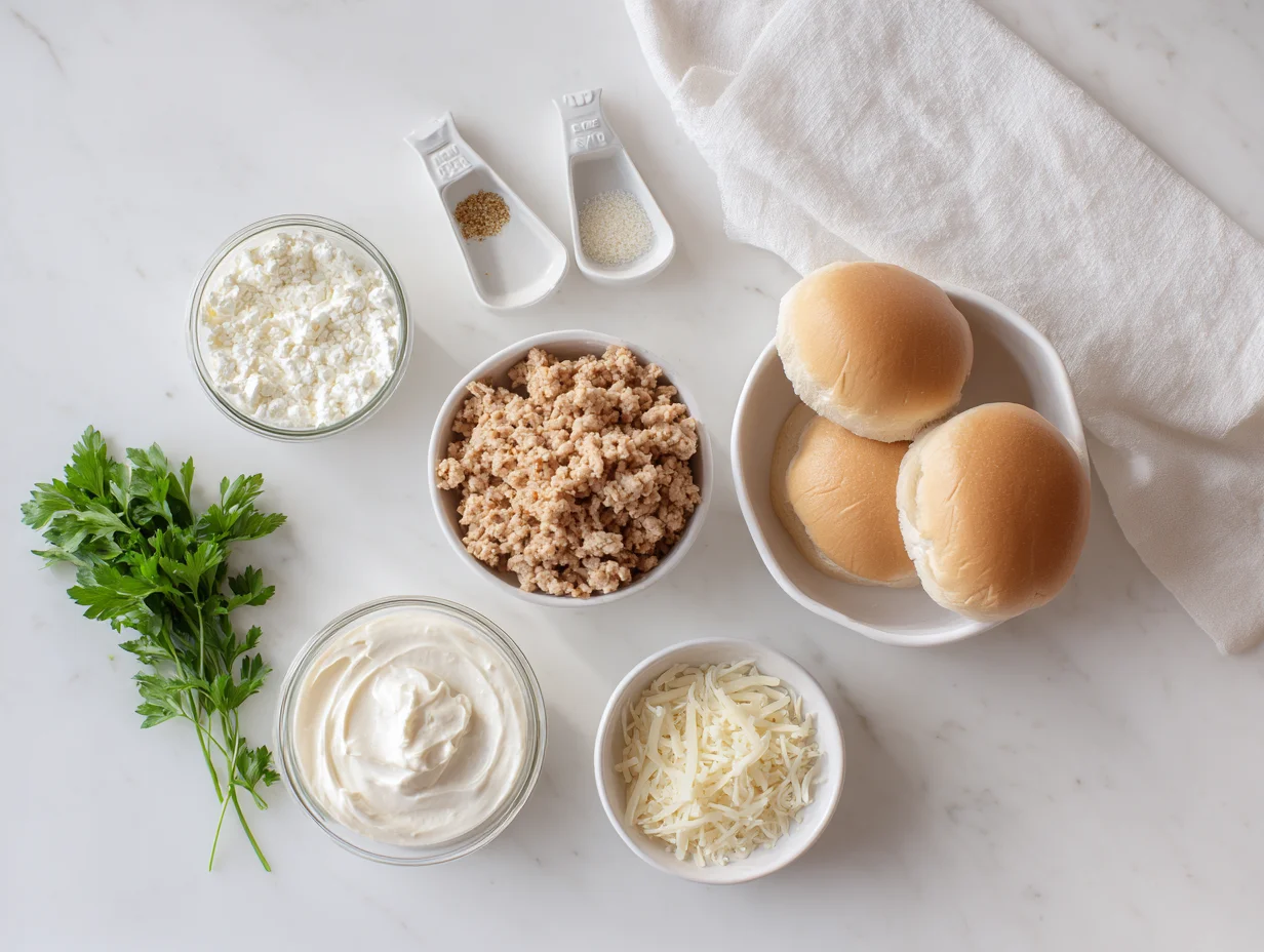 All ingredients for Chicken Alfredo Sloppy Joes laid out on a cutting board