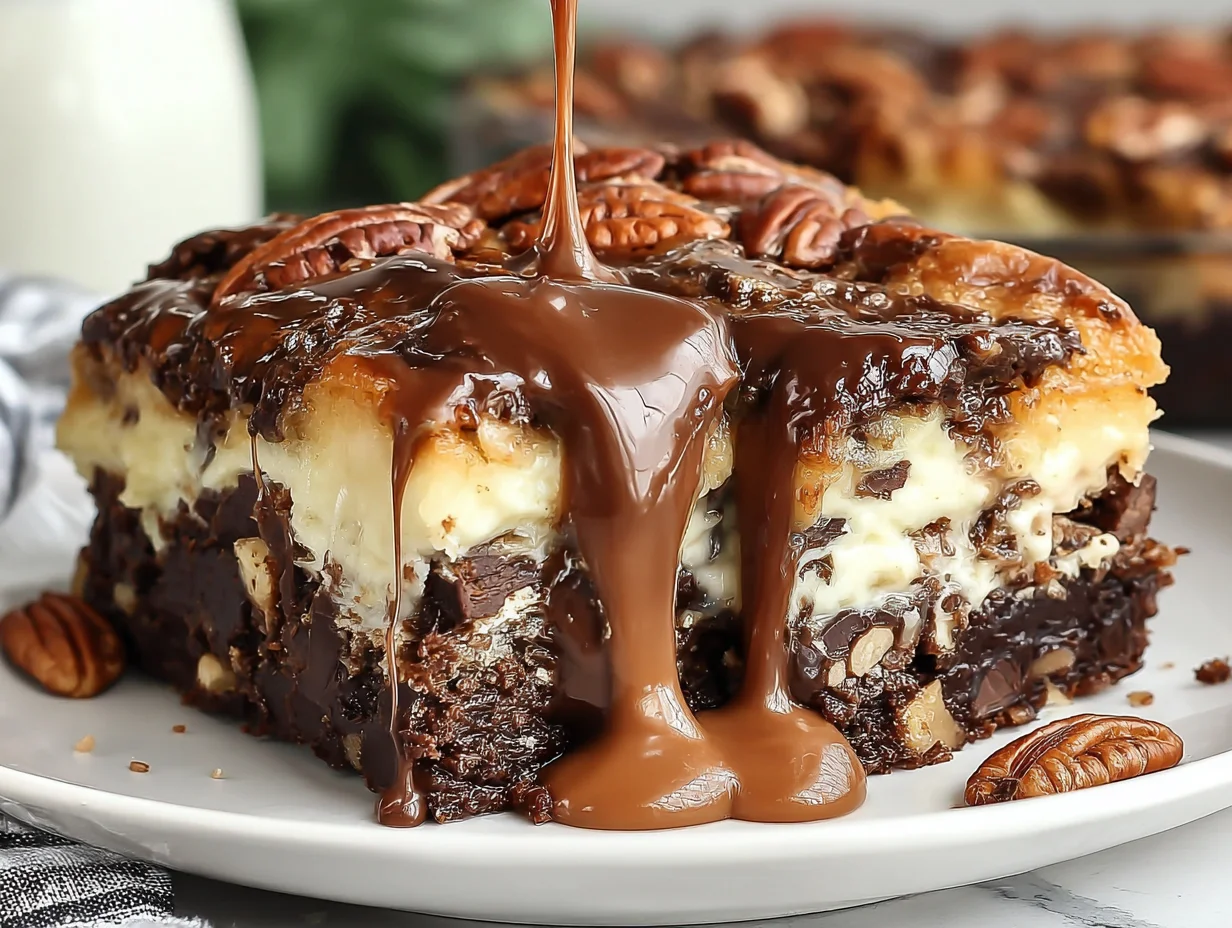 Chocolate Pecan Ooey Gooey Butter Cake beautifully plated and ready to serve