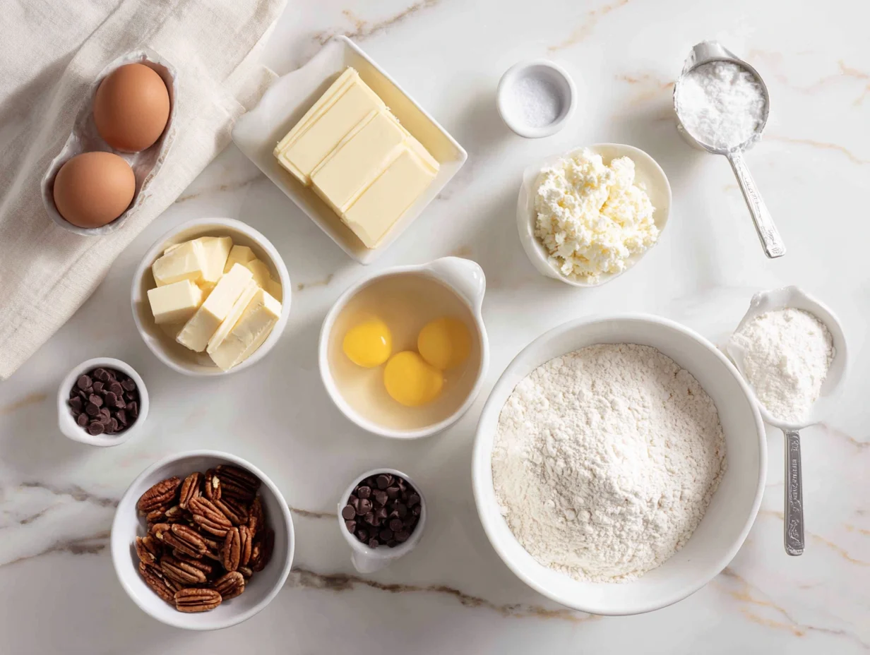 All ingredients for Chocolate Pecan Ooey Gooey Butter Cake laid out on a cutting board