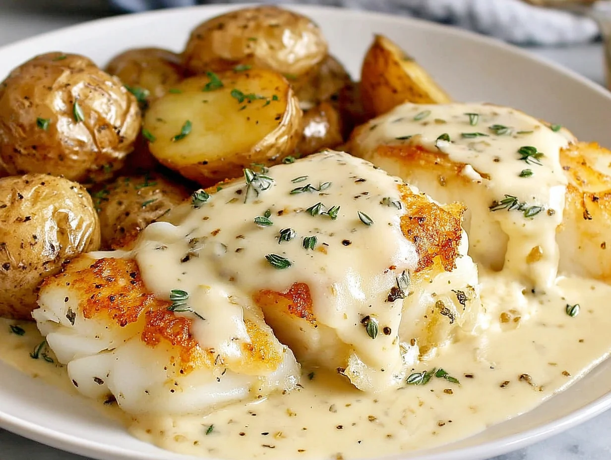 Cod Potatoes in Rosemary Cream Sauce beautifully plated and ready to serve