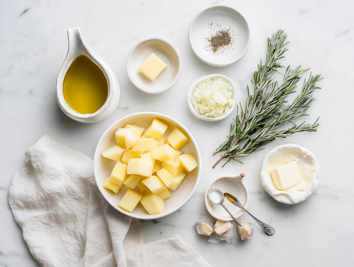 All ingredients for Cod Potatoes in Rosemary Cream Sauce laid out on a cutting board