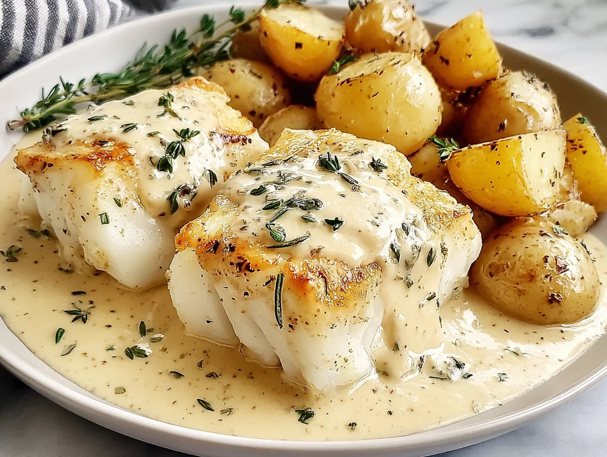 Cod Potatoes in Rosemary Cream Sauce served and ready to enjoy
