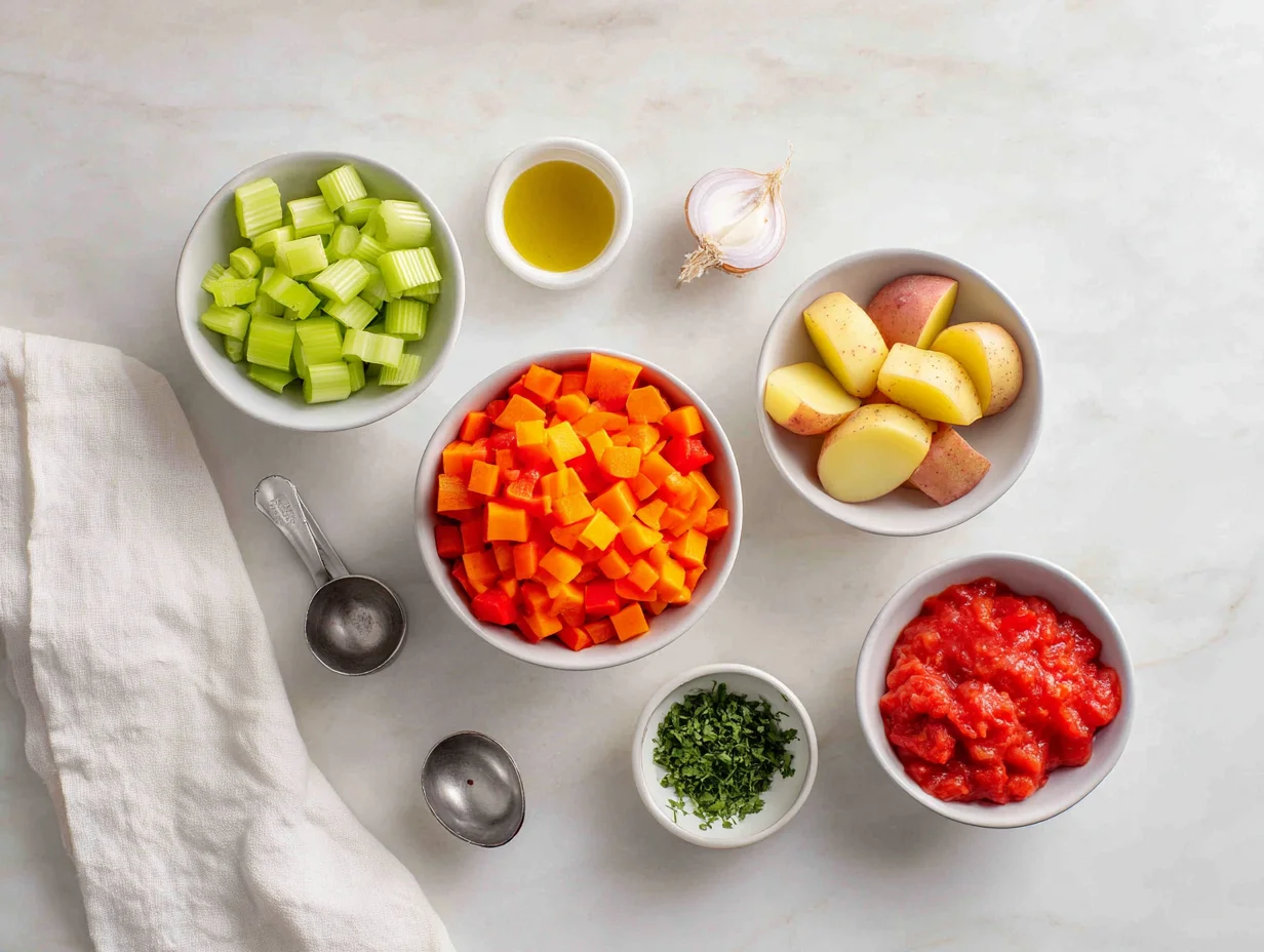 All ingredients for Copycat Carrabba's Spicy Chicken Soup laid out on a cutting board