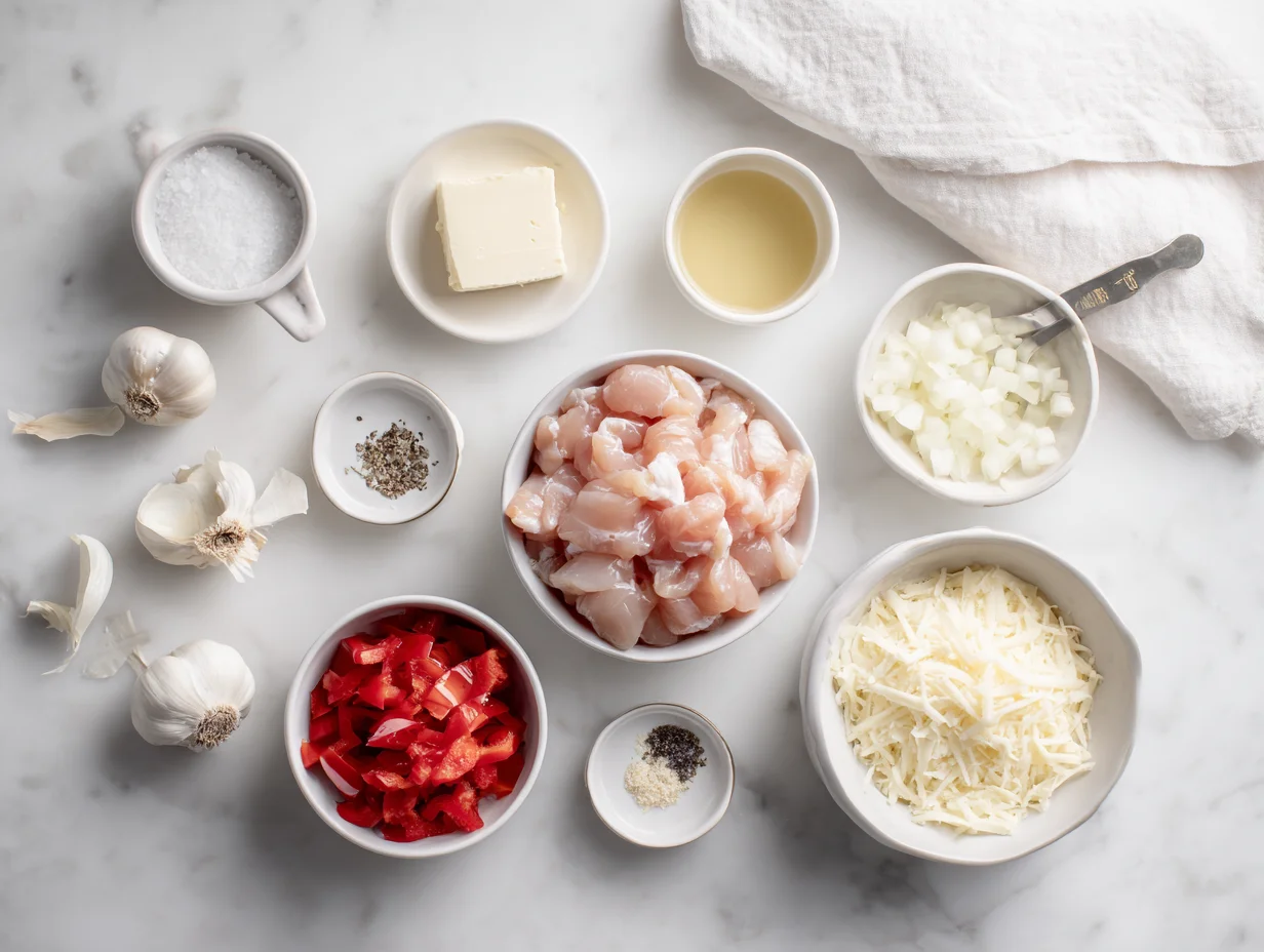 All ingredients measured and laid out on a cutting board