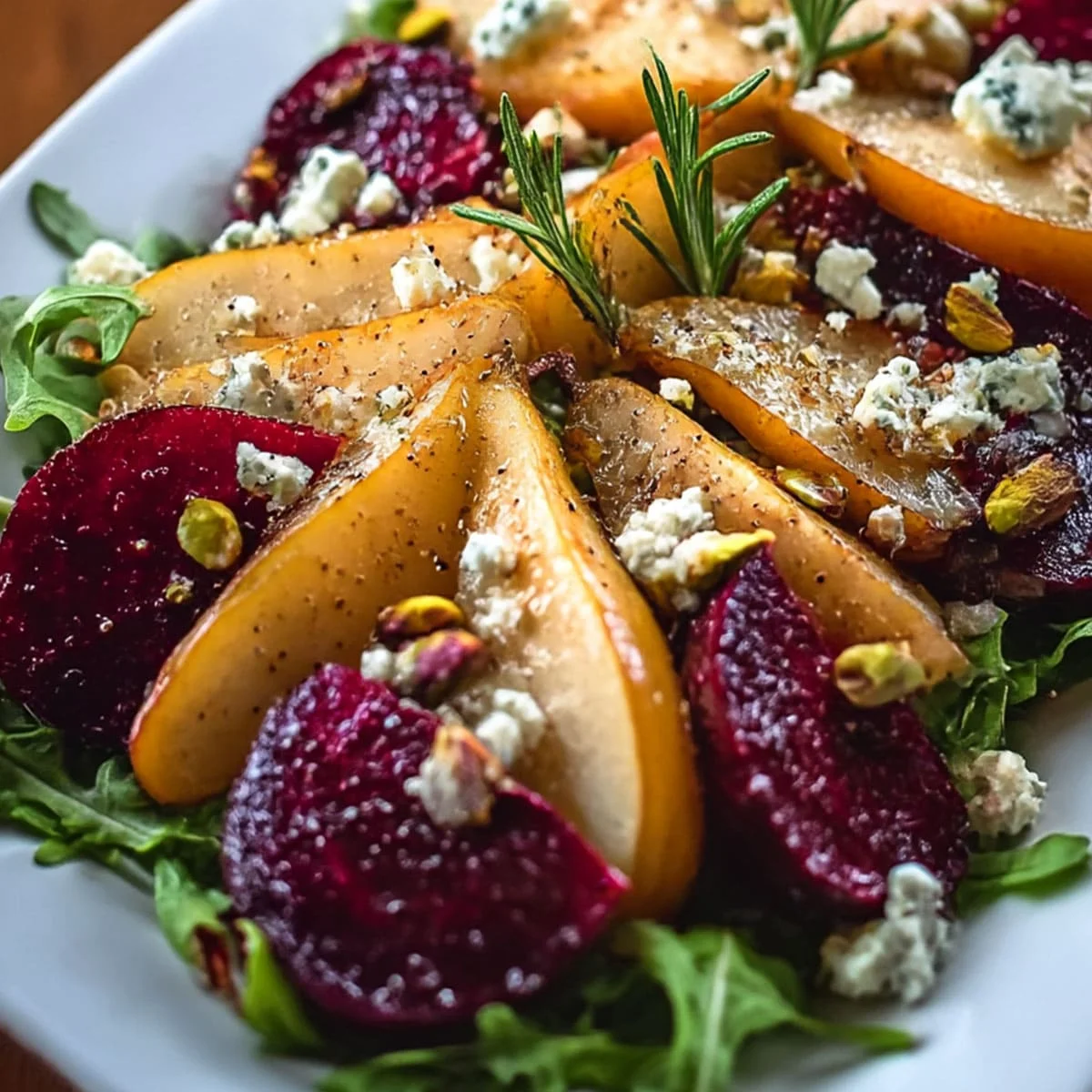 Roasted Beet and Pear Salad macro shot with rosemary garnish, caramelized pears, roasted beets, feta, pistachios, and arugula.