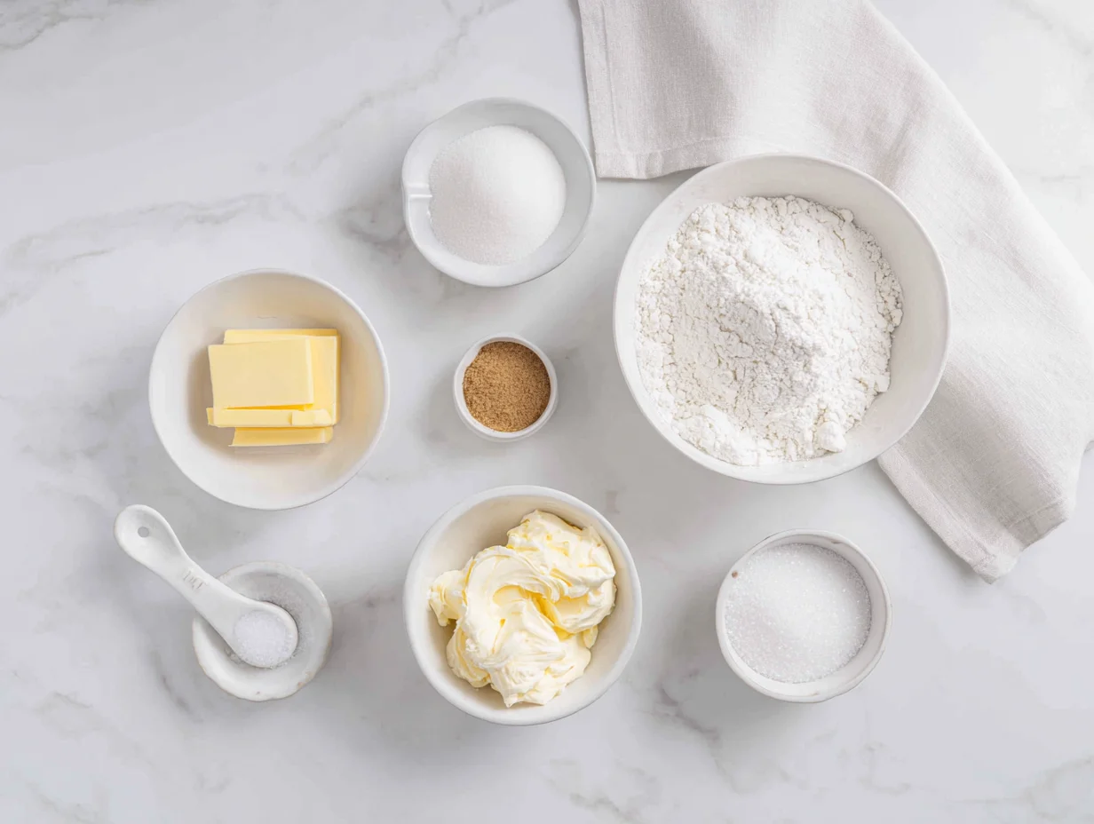 All ingredients for Blueberry Cheesecake Swirl Cookie laid out on a cutting board
