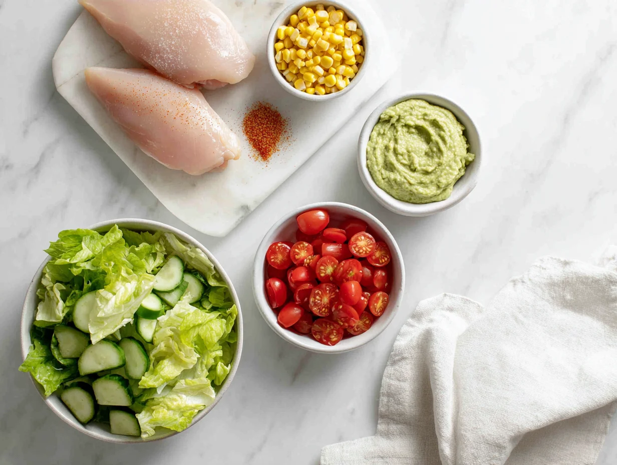 All ingredients measured and laid out on a cutting board