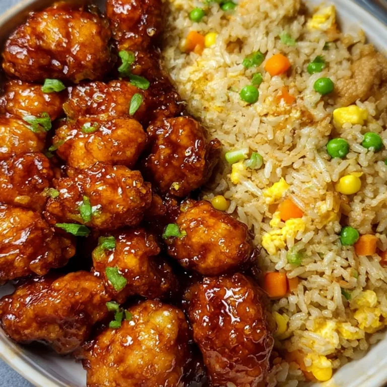 Crispy honey garlic chicken and fried rice in a white bowl with sticky glazed chicken bites and vegetable egg fried rice.