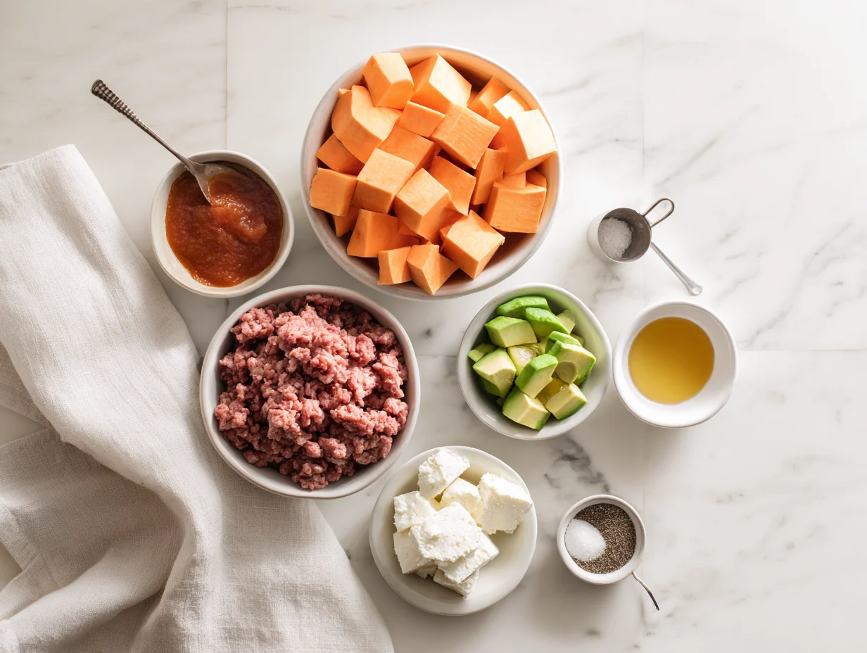 All ingredients measured and laid out on a cutting board