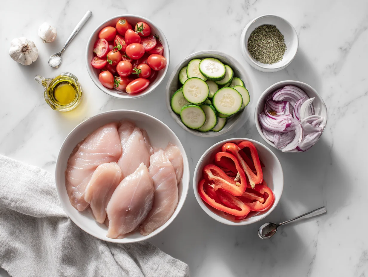All ingredients measured and laid out on a cutting board