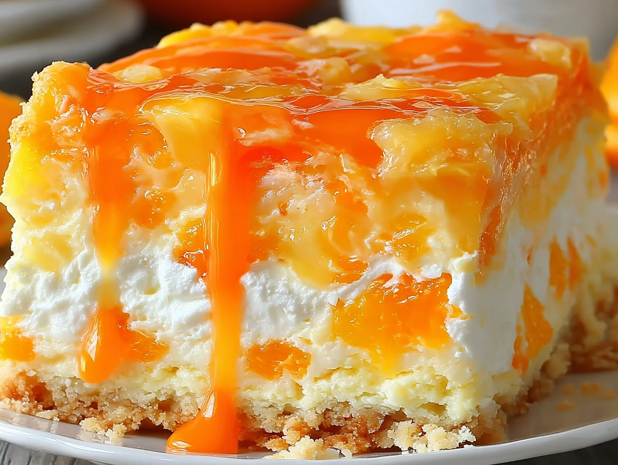 No Bake Orange Pineapple Swirl Cheesecake beautifully plated and ready to serve