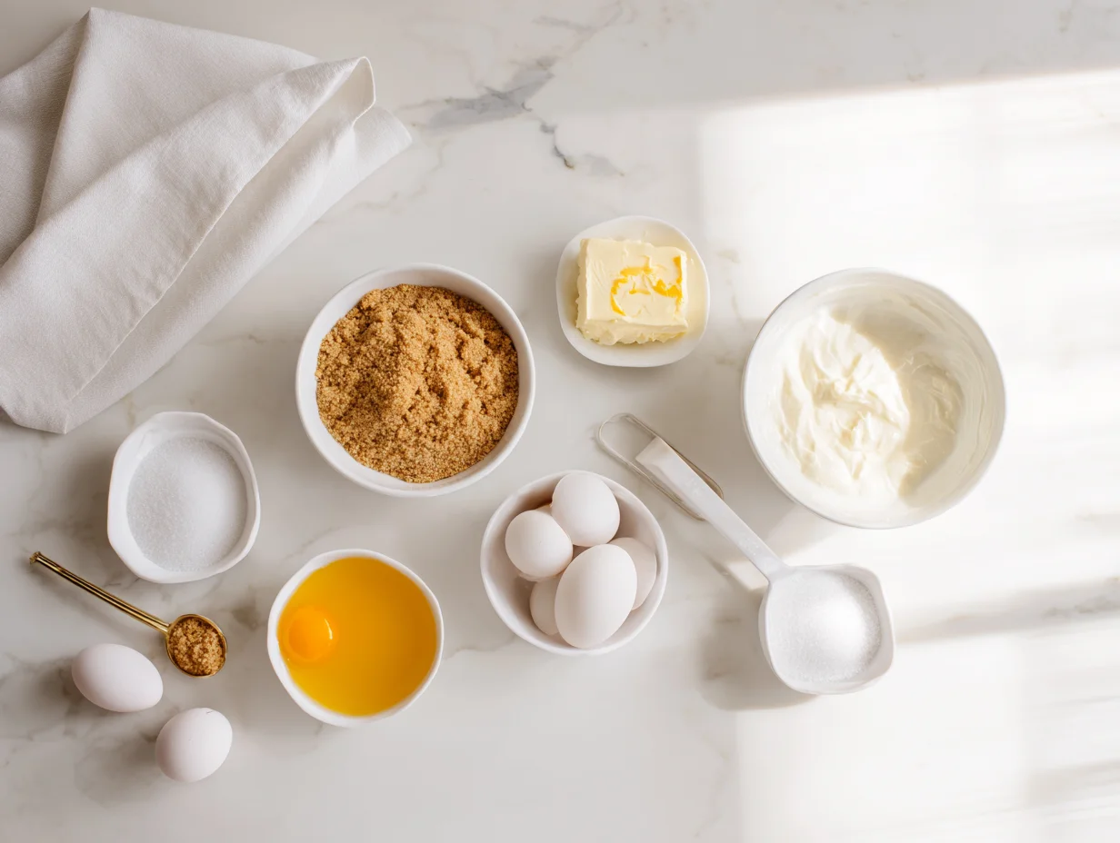 All ingredients for No Bake Orange Pineapple Swirl Cheesecake laid out on a cutting board