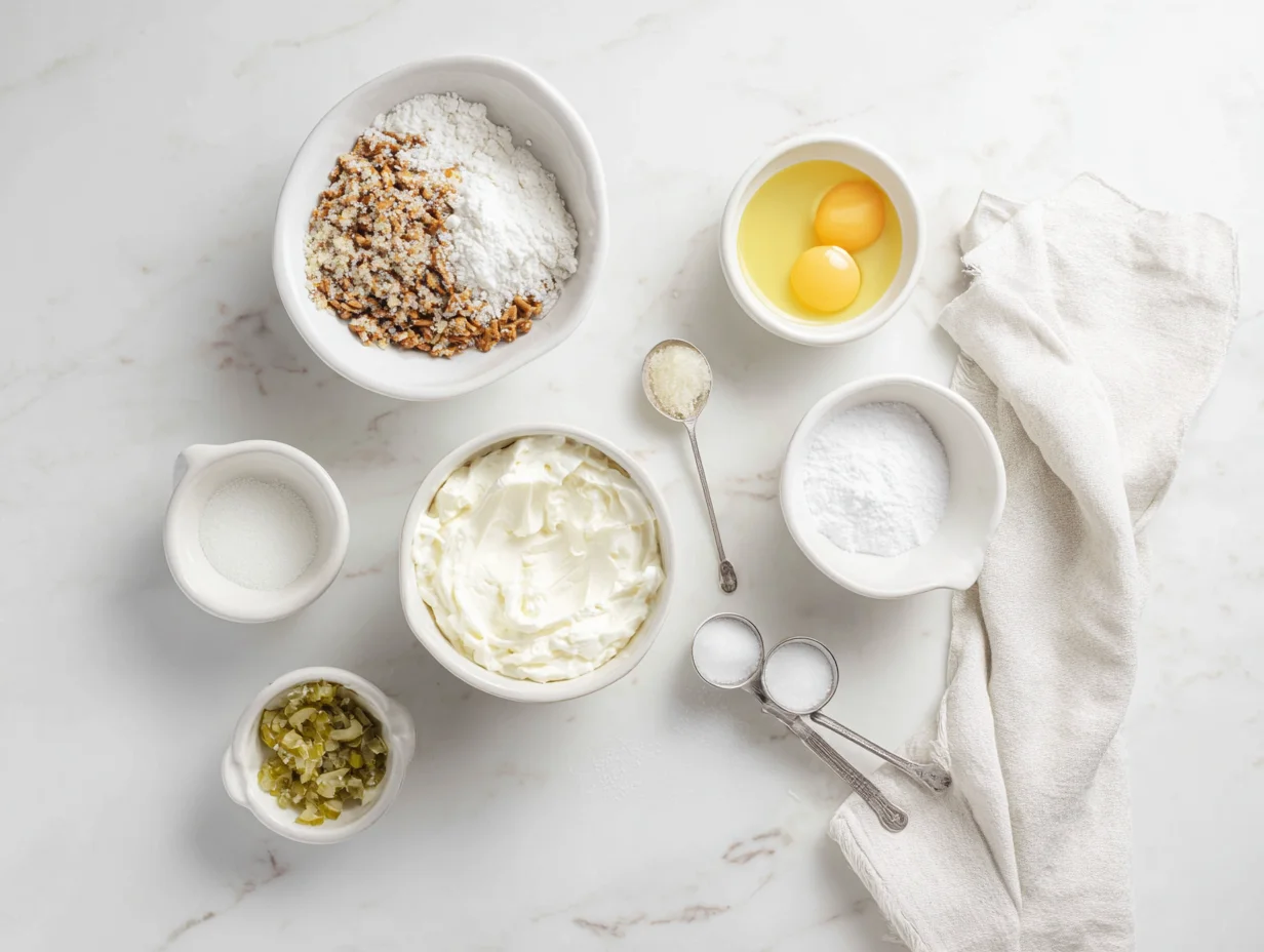All ingredients for Pickle Cheesecake laid out on a cutting board