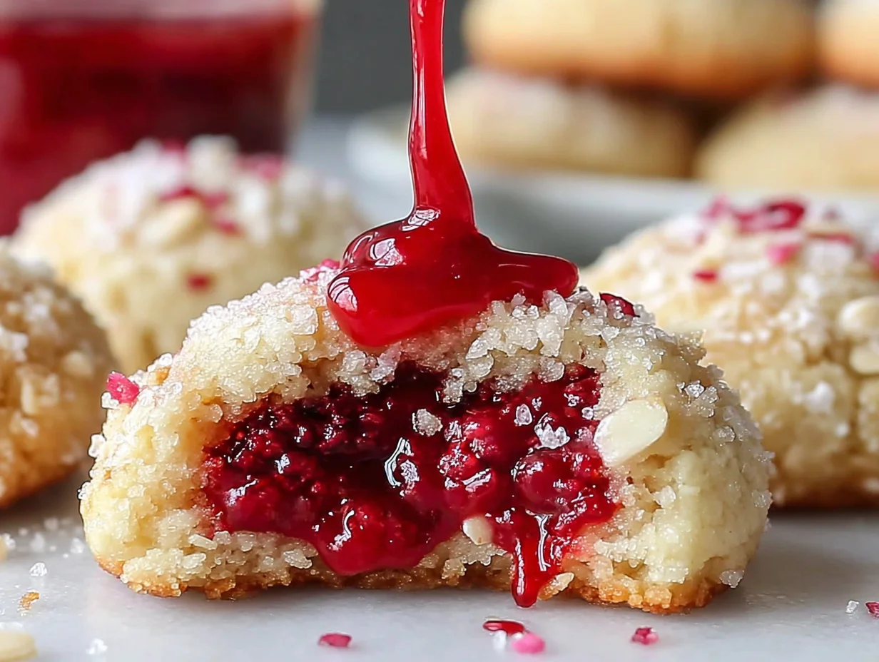 Raspberry Filled Almond Snow Cookies beautifully plated and ready to serve