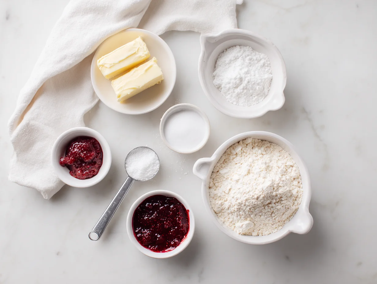 All ingredients for Raspberry Filled Almond Snow Cookies laid out on a cutting board