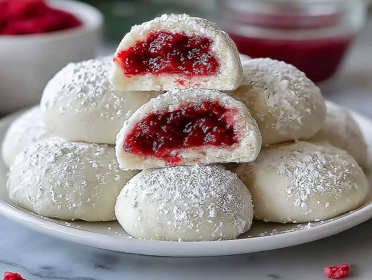 Raspberry Filled Almond Snow Cookies served and ready to enjoy