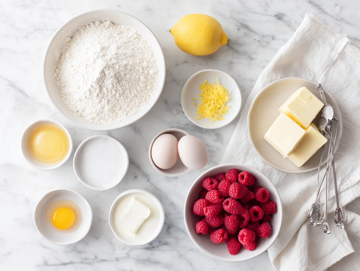 Fresh raspberries, lemon zest, cream cheese, butter, and flour measured on a wooden cutting board for cupcake batter