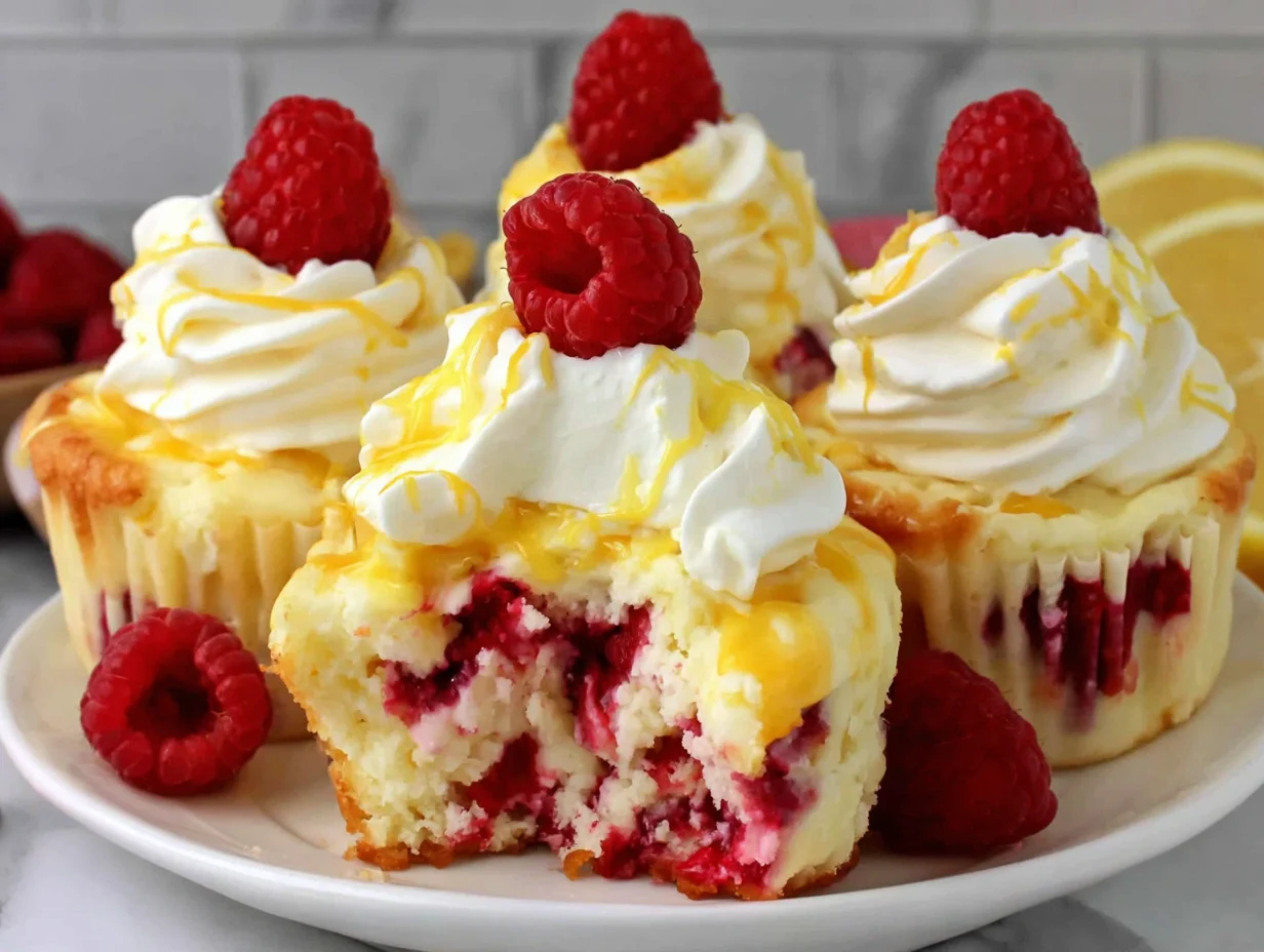 Raspberry Lemon Heaven Cupcakes — Easy and Delicious Recipe 10 Frosted lemon cupcakes with cream cheese swirls and fresh raspberry garnish on a serving plate