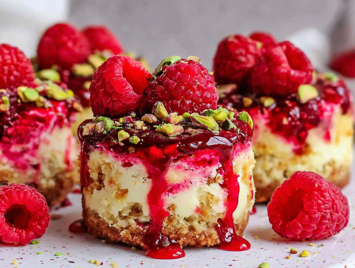 Raspberry Pistachio Cheesecake beautifully plated and ready to serve