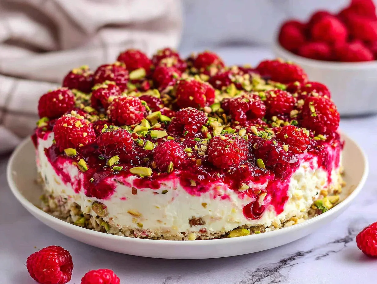 Raspberry Pistachio Cheesecake served and ready to enjoy
