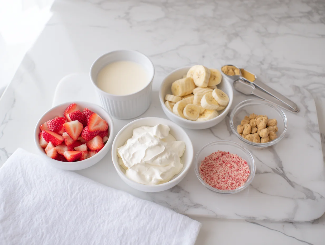 Easy Strawberry Crunch Banana Pudding — A Delightful Treat 8 All ingredients measured and laid out on a cutting board
