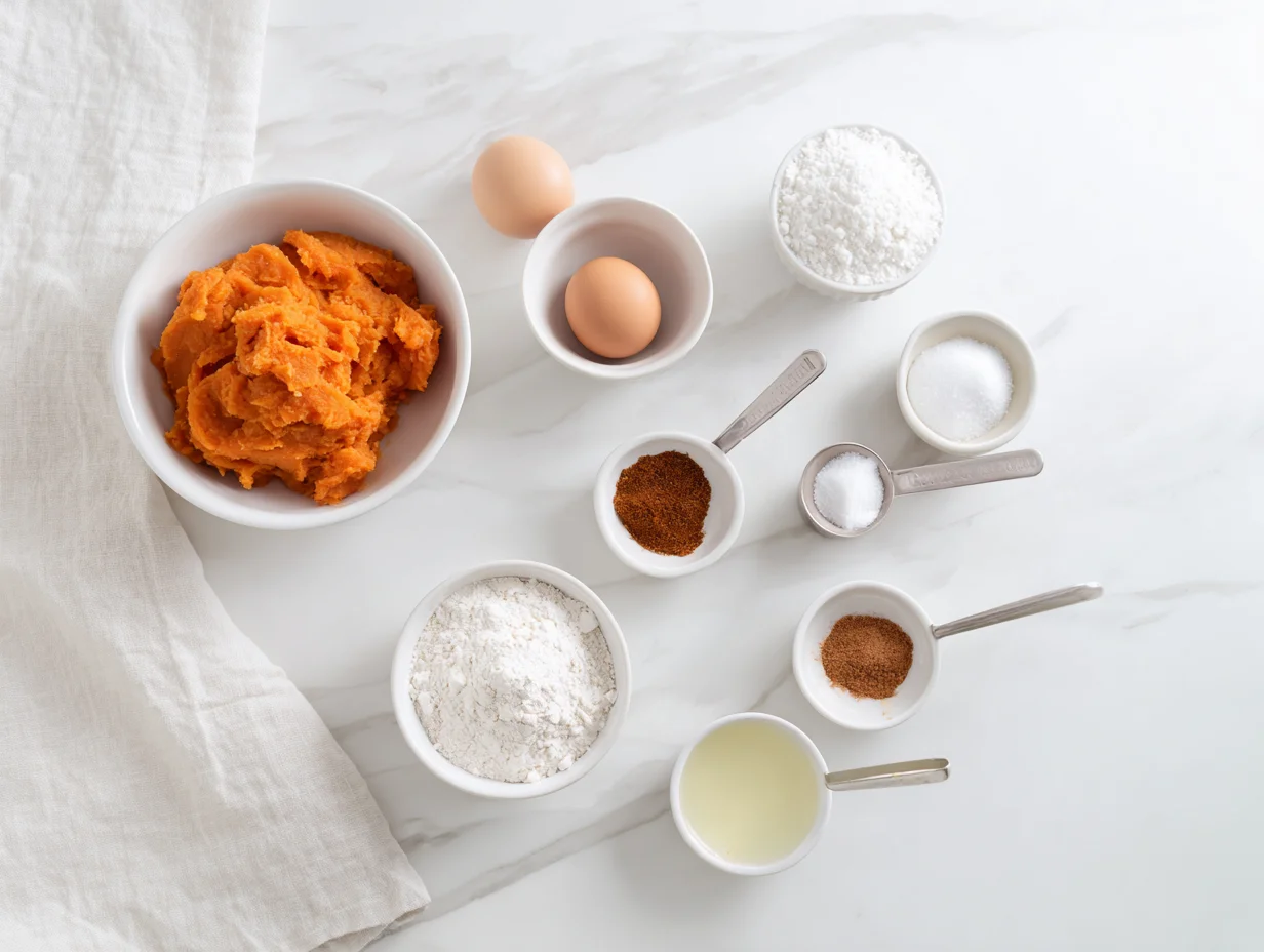 All ingredients for Sweet Potato Honeybun Cake laid out on a cutting board